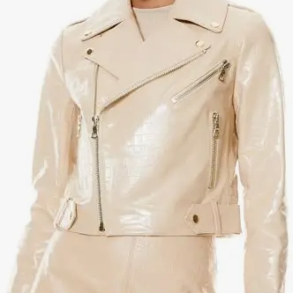 Alice + Olivia Almond Croc Embossed Leather Jacket